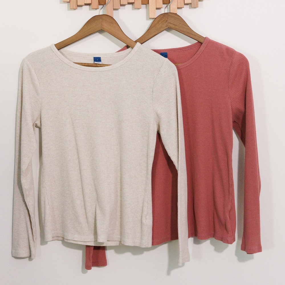 Old Navy Womens Ribbed Long Sleeve Crew Neck Top Bundle Cream Rose Pink Large